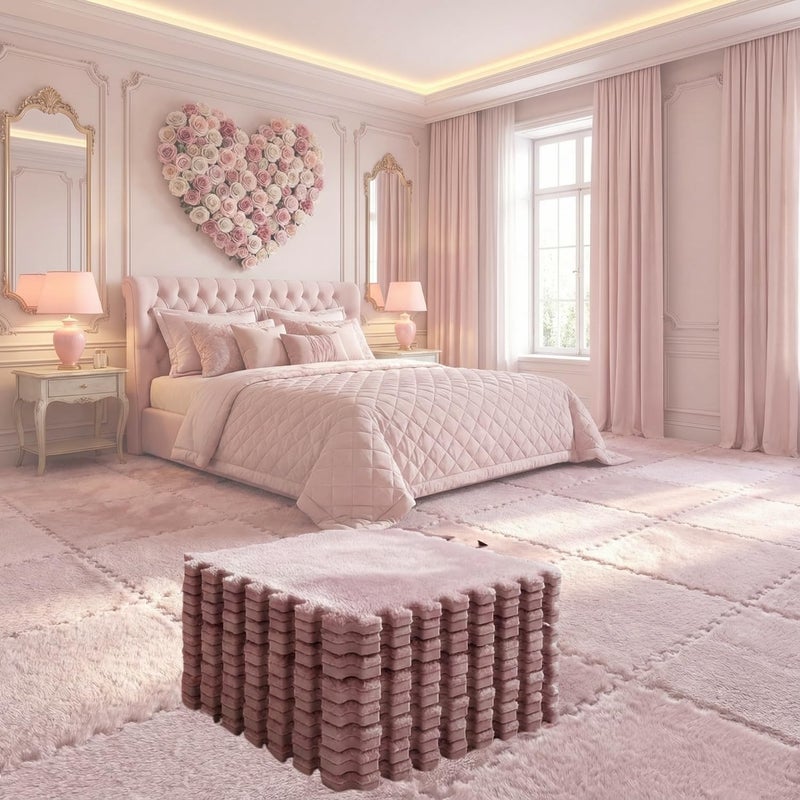 MADE4ALL Interlocking Carpet Tiles 4 PCS Pack – Soft Plush Floor Tiles for Small Areas, Nursery, Kids Room, Bedroom & Home Office – Washable, Non-Slip, Easy DIY Install – Light Pink - Image 1